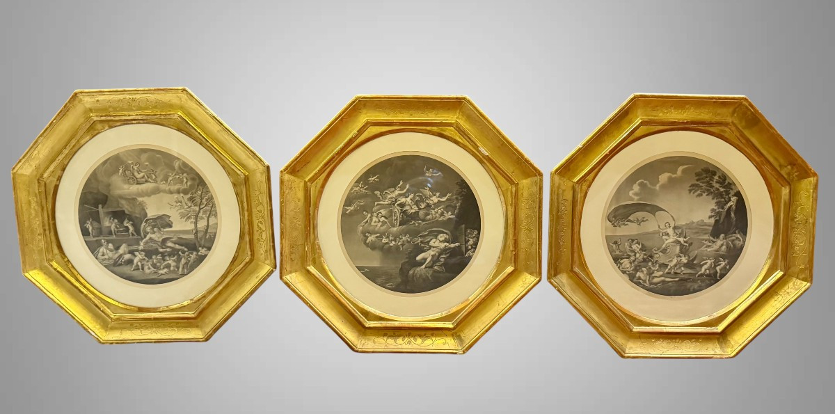 Set di tre incisioni antiche raffiguranti le allegorie dei tre elementi - da F.Albani