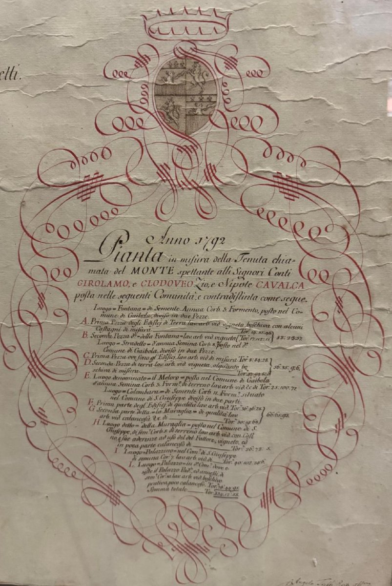 Antico CABREO, mappa manoscritta acquerellata 1792 Tenuta del Monte, Bologna, con stemma arald-photo-3