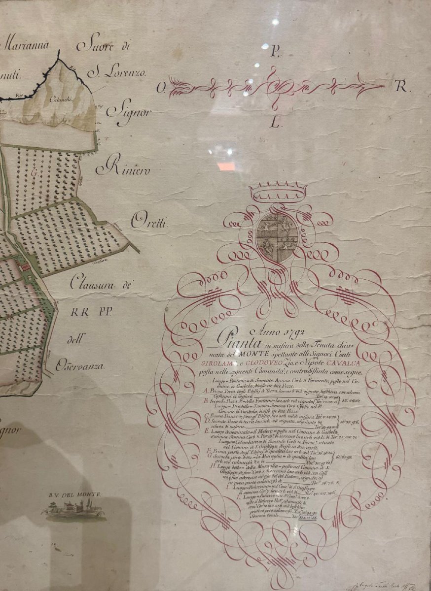 Antico CABREO, mappa manoscritta acquerellata 1792 Tenuta del Monte, Bologna, con stemma arald-photo-1