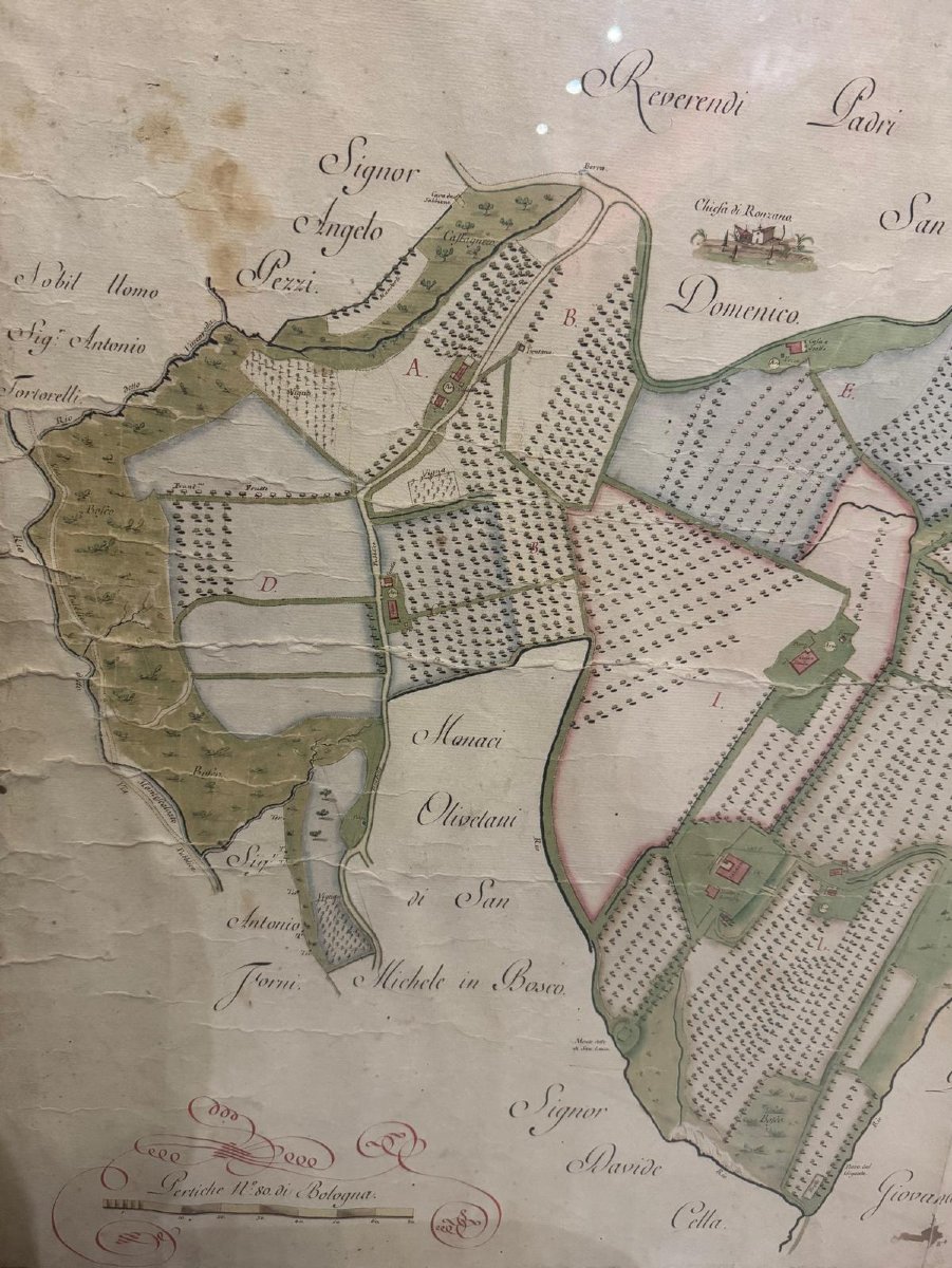 Antico CABREO, mappa manoscritta acquerellata 1792 Tenuta del Monte, Bologna, con stemma arald-photo-2