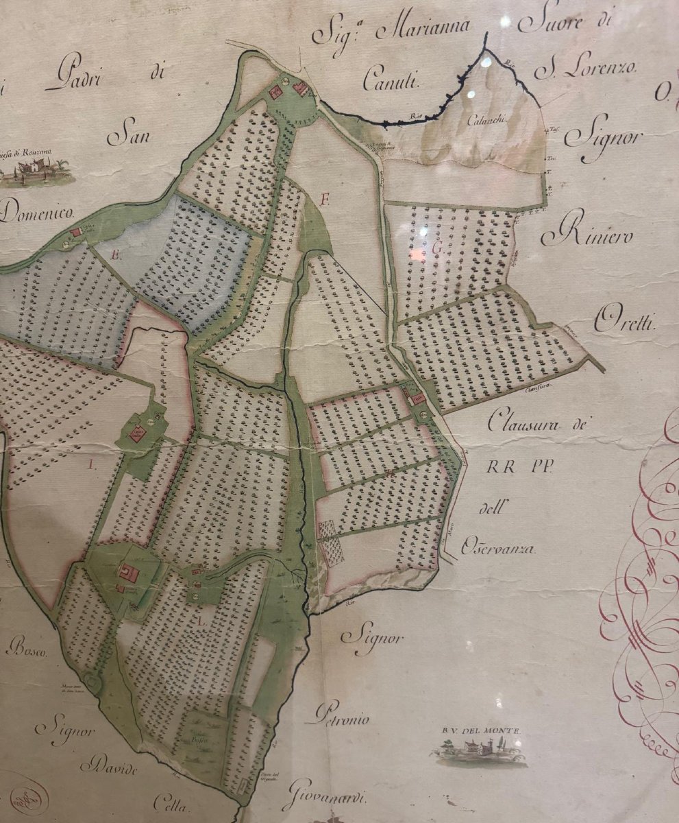 Antico CABREO, mappa manoscritta acquerellata 1792 Tenuta del Monte, Bologna, con stemma arald-photo-3