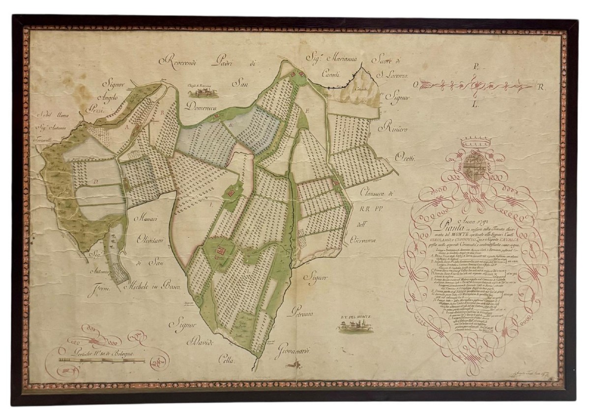 Antico CABREO, mappa manoscritta acquerellata 1792 Tenuta del Monte, Bologna, con stemma arald