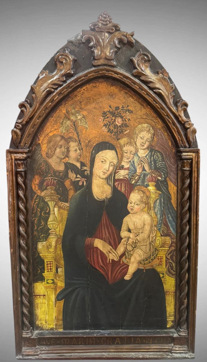 JONI I.F. - Madonna col Bambino e Angeli, Tempera su Tavola Fondo Oro
