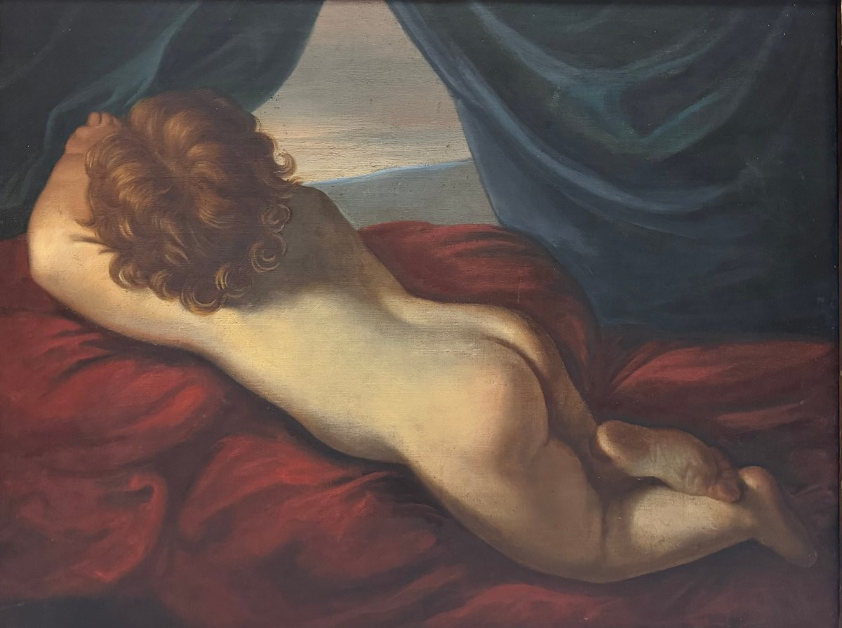 Dipinto antico ad olio su tela – Putto disteso ritratto di spalle-photo-3