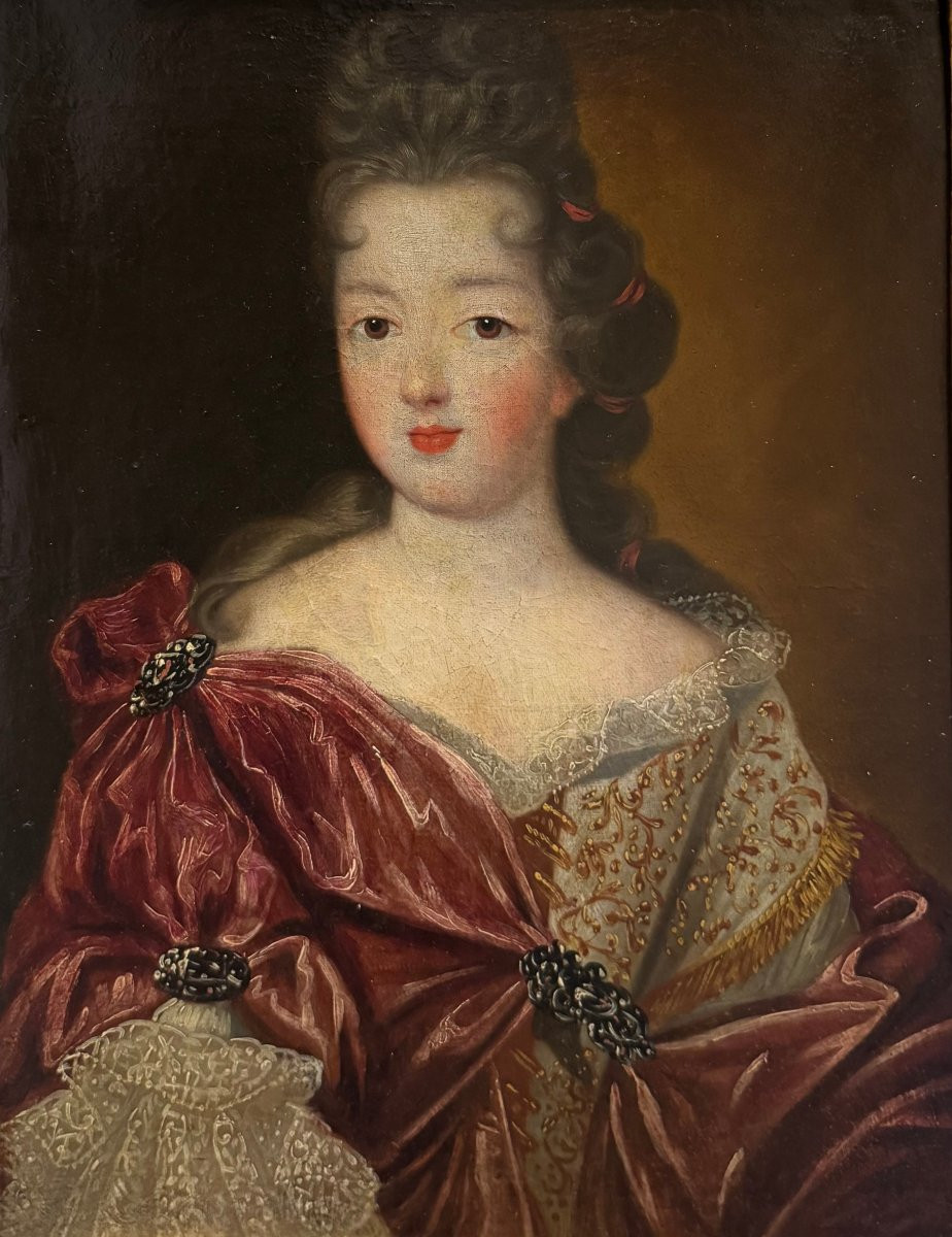 Portrait d'une jeune noble dame – Huile sur toile sous cadre doré – Louis XV-photo-1
