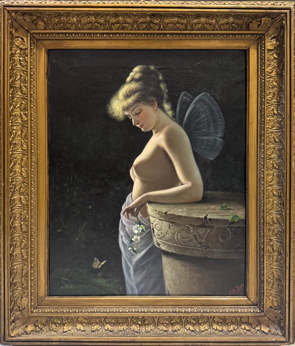 Dipinto su tela “Figura femminile allegorica con ali di farfalla” – E. De Luise