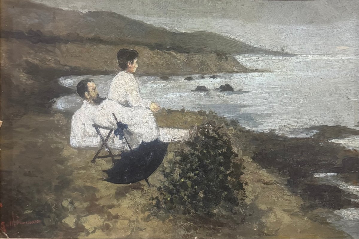 Francesco Gioli – Il pittore Gioli e la moglie sulla spiaggia di Castiglioncello – Olio su cart-photo-2