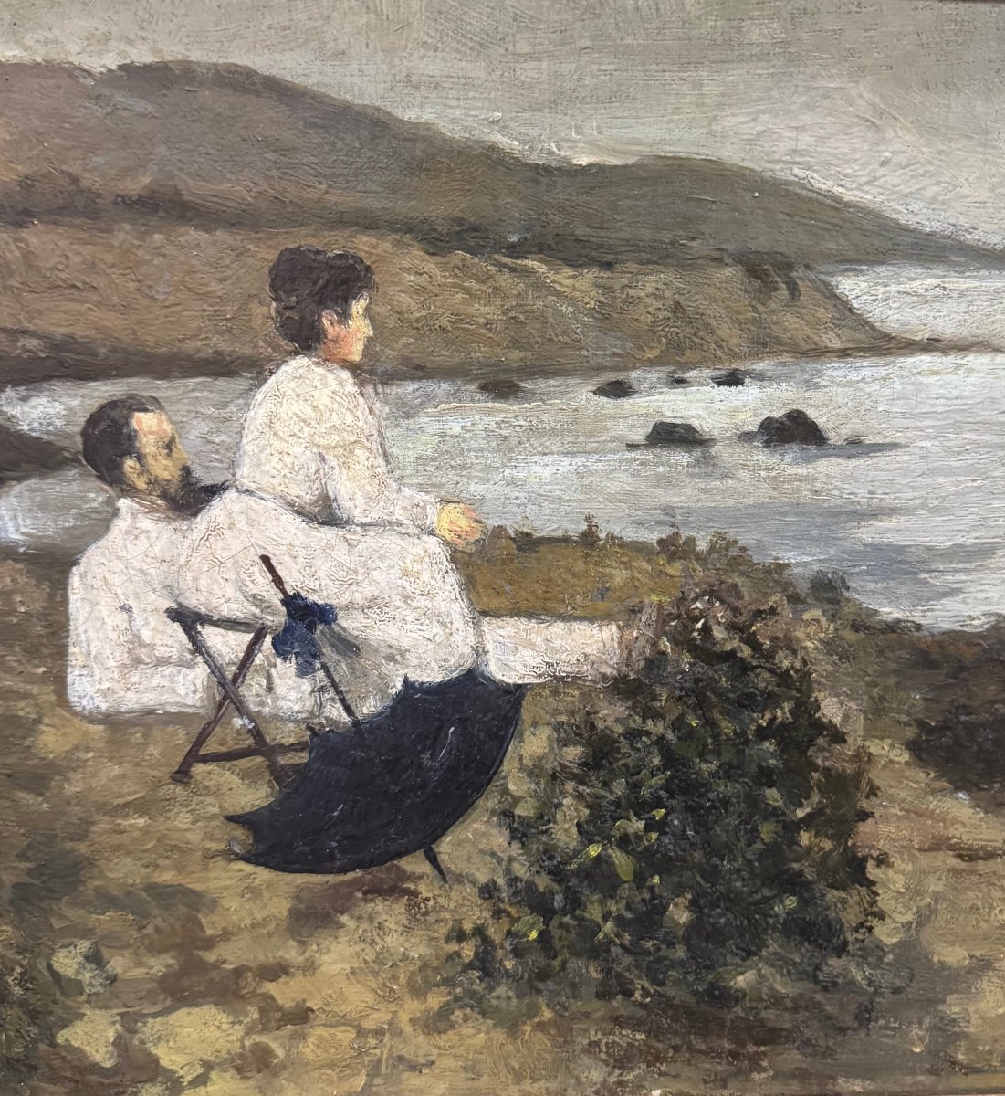 Francesco Gioli – Il pittore Gioli e la moglie sulla spiaggia di Castiglioncello – Olio su cart-photo-3