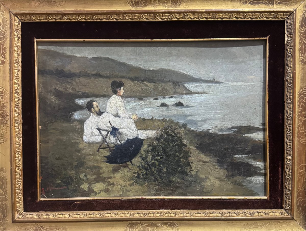 Francesco Gioli – Il pittore Gioli e la moglie sulla spiaggia di Castiglioncello – Olio su cart-photo-4
