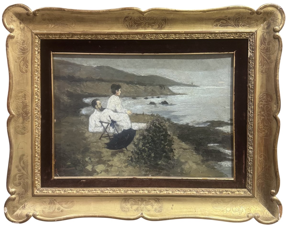 Francesco Gioli – Il pittore Gioli e la moglie sulla spiaggia di Castiglioncello – Olio su cart