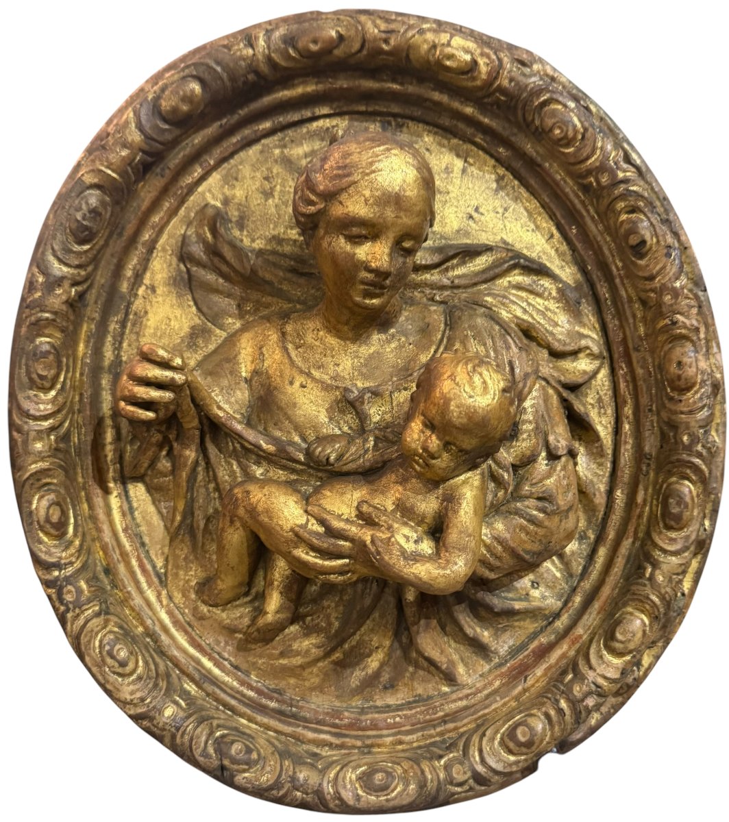Madonna con Bambino – Antico Altorilievo Sacro in Legno Dorato del XVIII secolo-photo-2