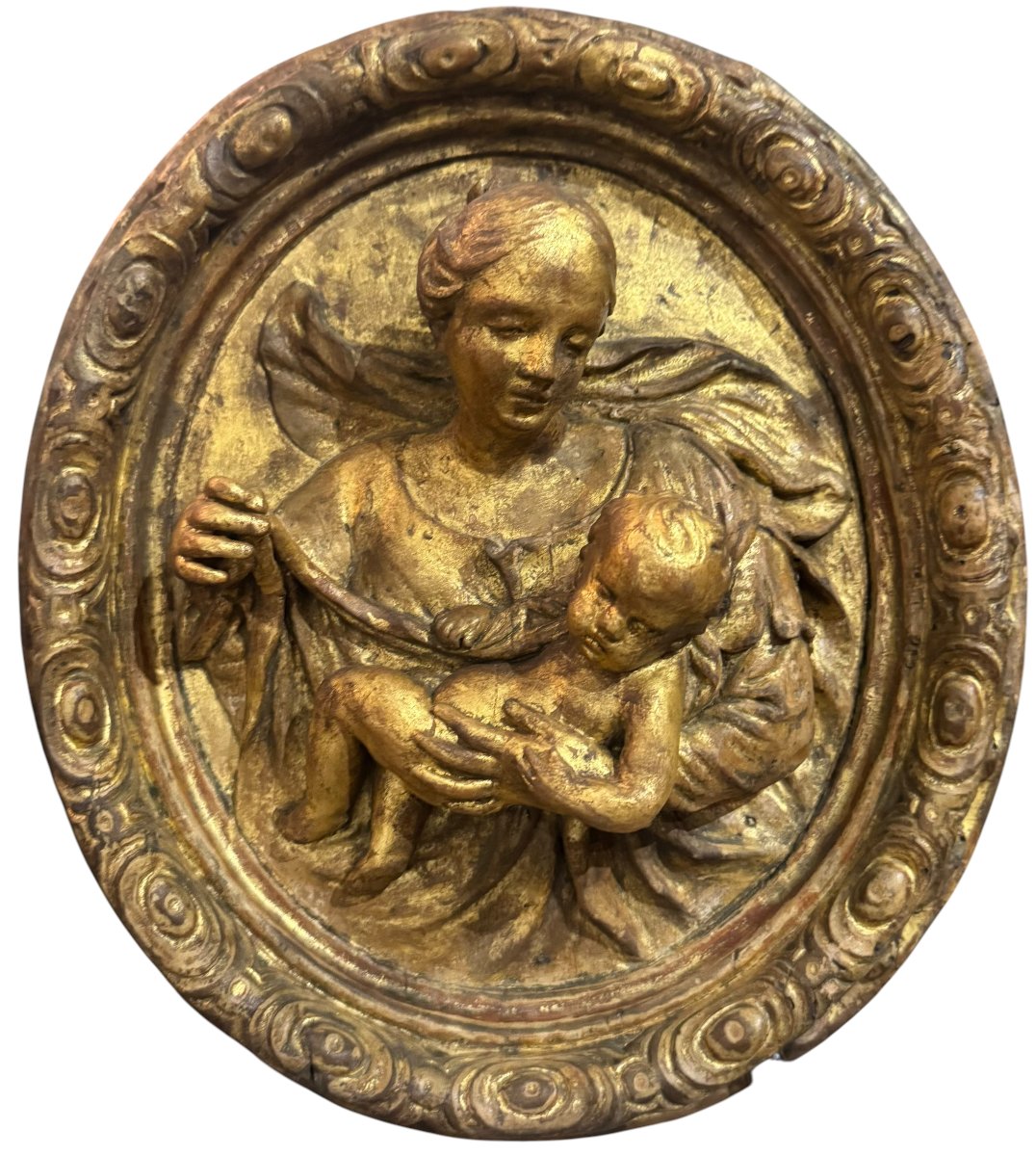 Madonna con Bambino – Antico Altorilievo Sacro in Legno Dorato del XVIII secolo-photo-3