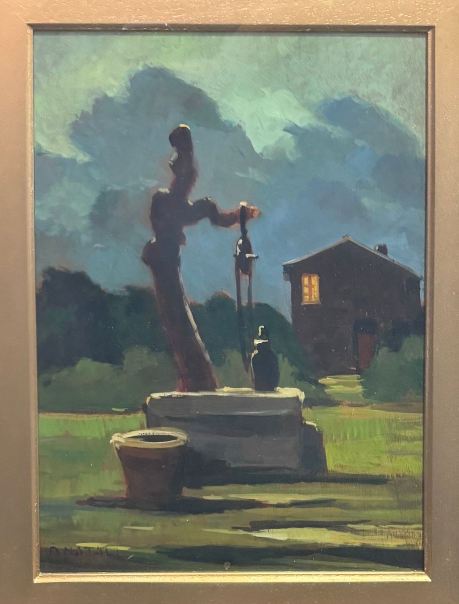 Renato Natali – Paesaggio Notturno con Pozzo e Casolare, Olio su Tavoletta-photo-2