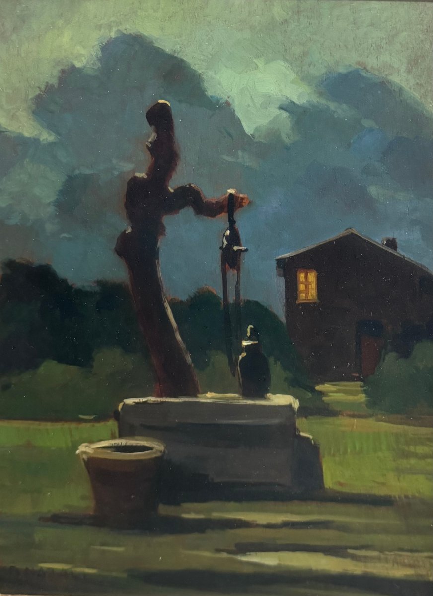 Renato Natali – Paesaggio Notturno con Pozzo e Casolare, Olio su Tavoletta