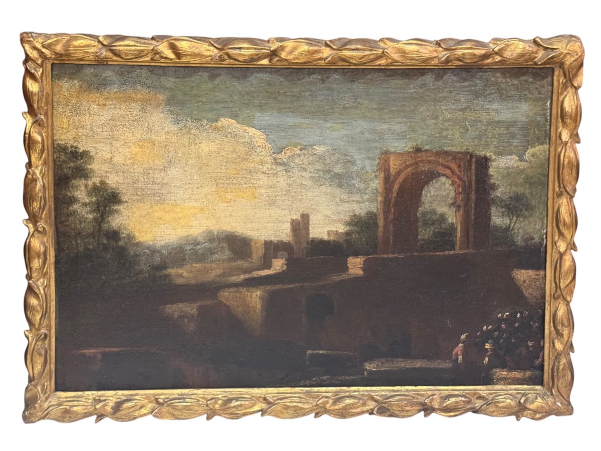 COPPIA DI PAESAGGI CON CAPRICCI ARCHITETTONICI – OLIO SU TELA, XVIII SECOLO-photo-2