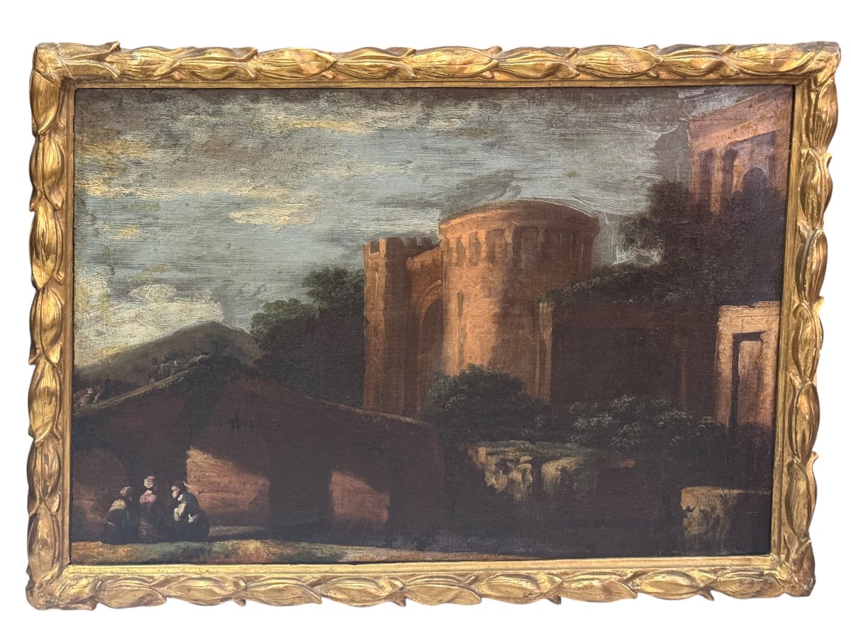 COPPIA DI PAESAGGI CON CAPRICCI ARCHITETTONICI – OLIO SU TELA, XVIII SECOLO-photo-3