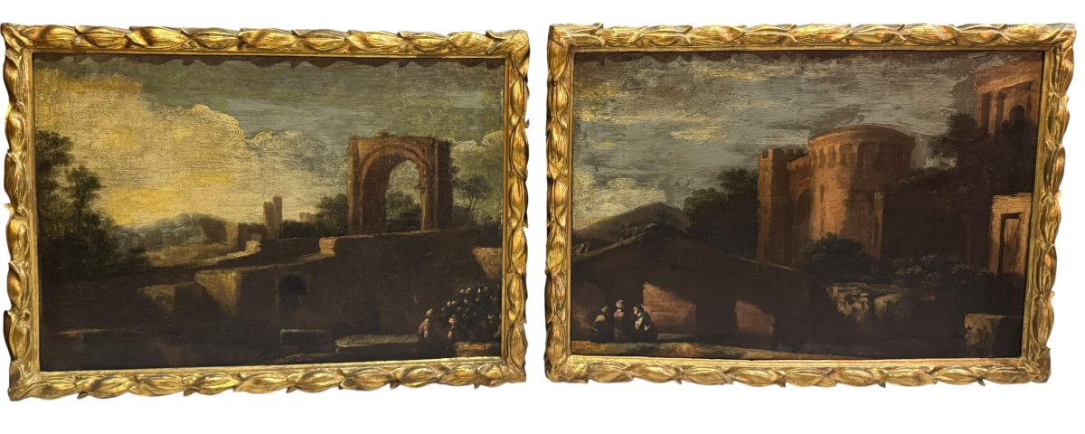 COPPIA DI PAESAGGI CON CAPRICCI ARCHITETTONICI – OLIO SU TELA, XVIII SECOLO-photo-4