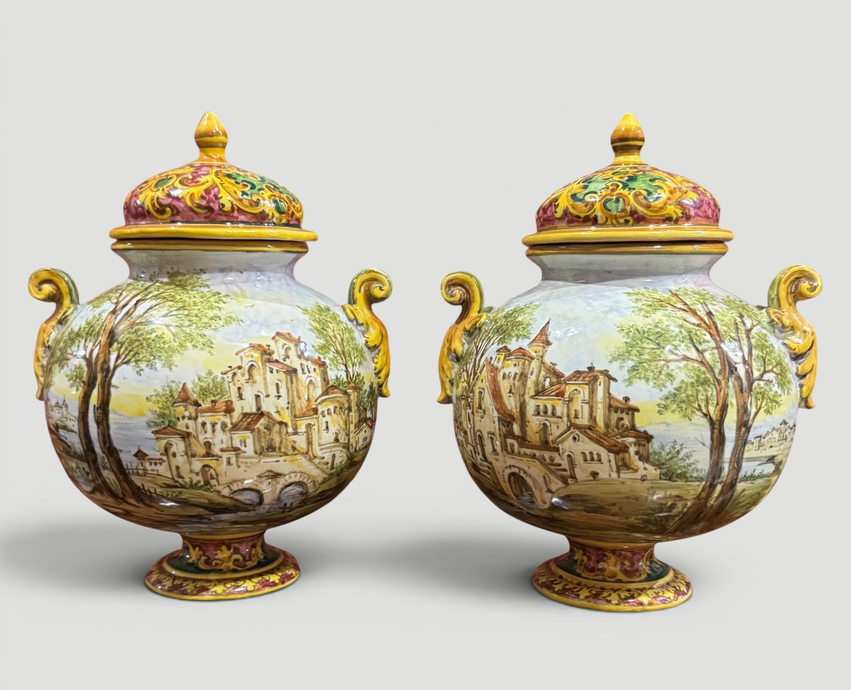 Coppia di Potiche in Ceramica Minghetti " Scene Galanti e Paesaggi ", Bologna XX secolo-photo-2