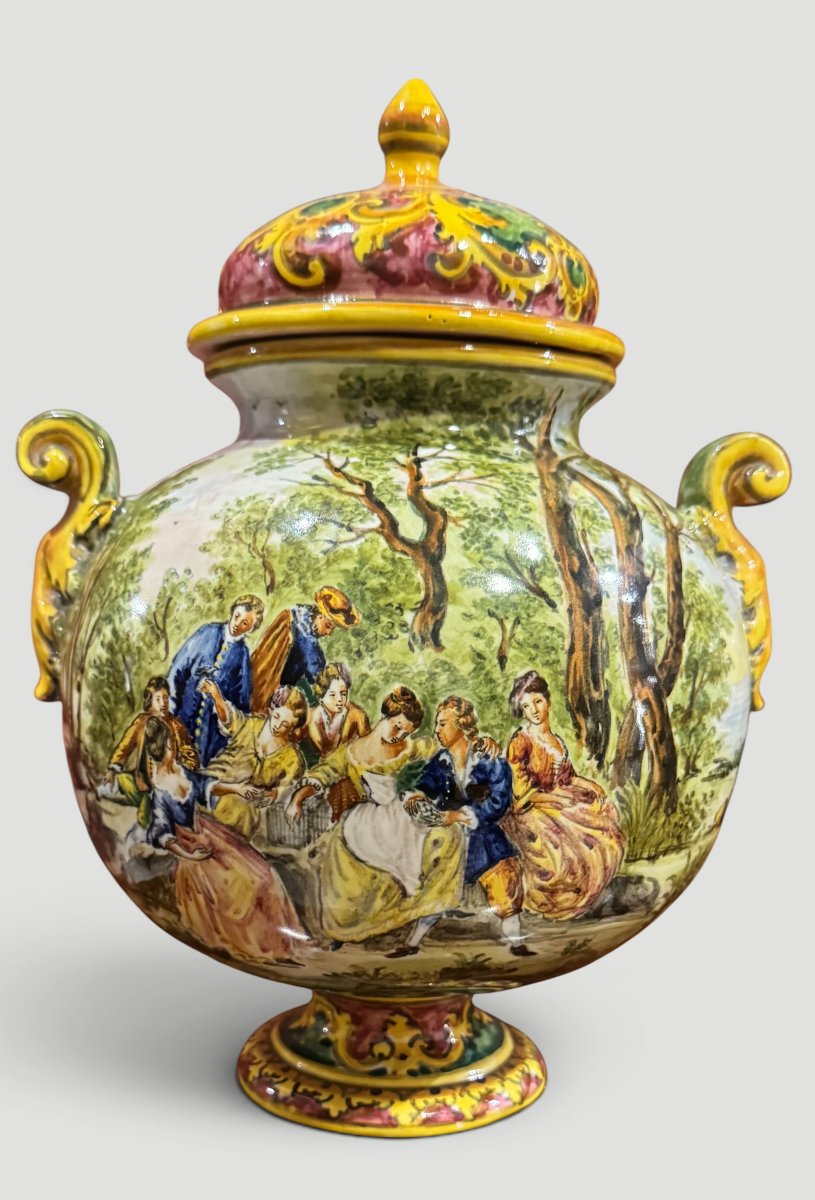 Coppia di Potiche in Ceramica Minghetti " Scene Galanti e Paesaggi ", Bologna XX secolo-photo-3