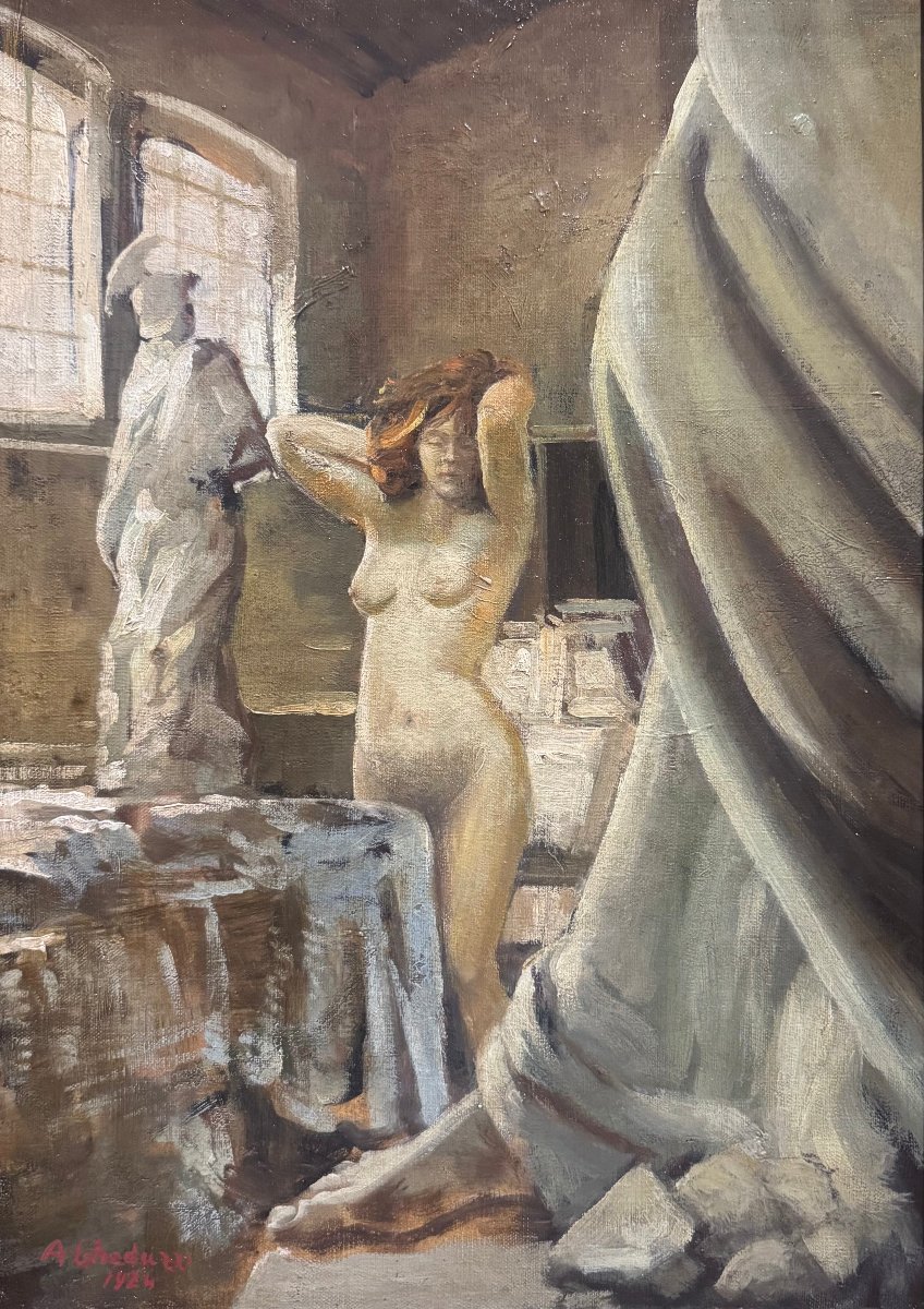 Augusto Gheduzzi – Dipinto su tela “Nudo femminile nello studio atelier dello scultore, datato-photo-2