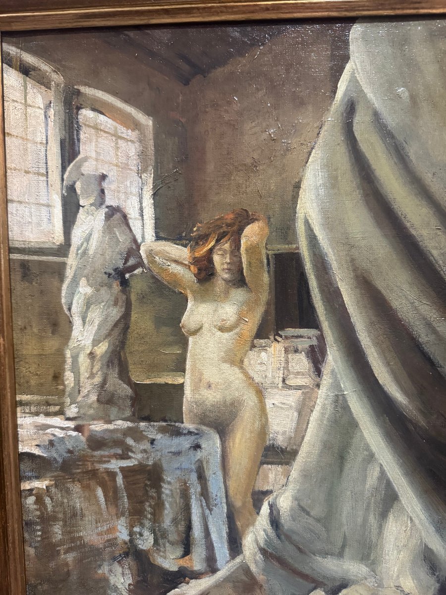 Augusto Gheduzzi – Dipinto su tela “Nudo femminile nello studio atelier dello scultore, datato-photo-1