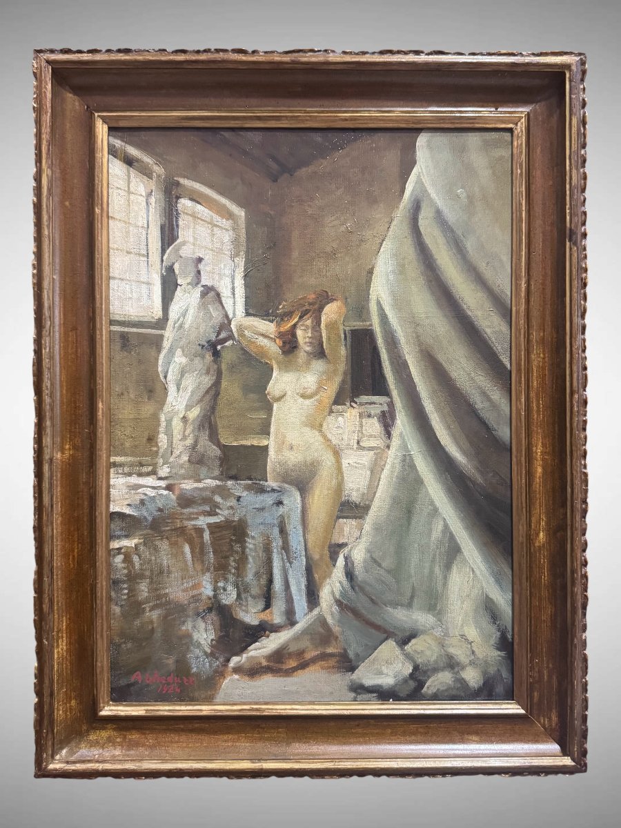 Augusto Gheduzzi – Dipinto su tela “Nudo femminile nello studio atelier dello scultore, datato
