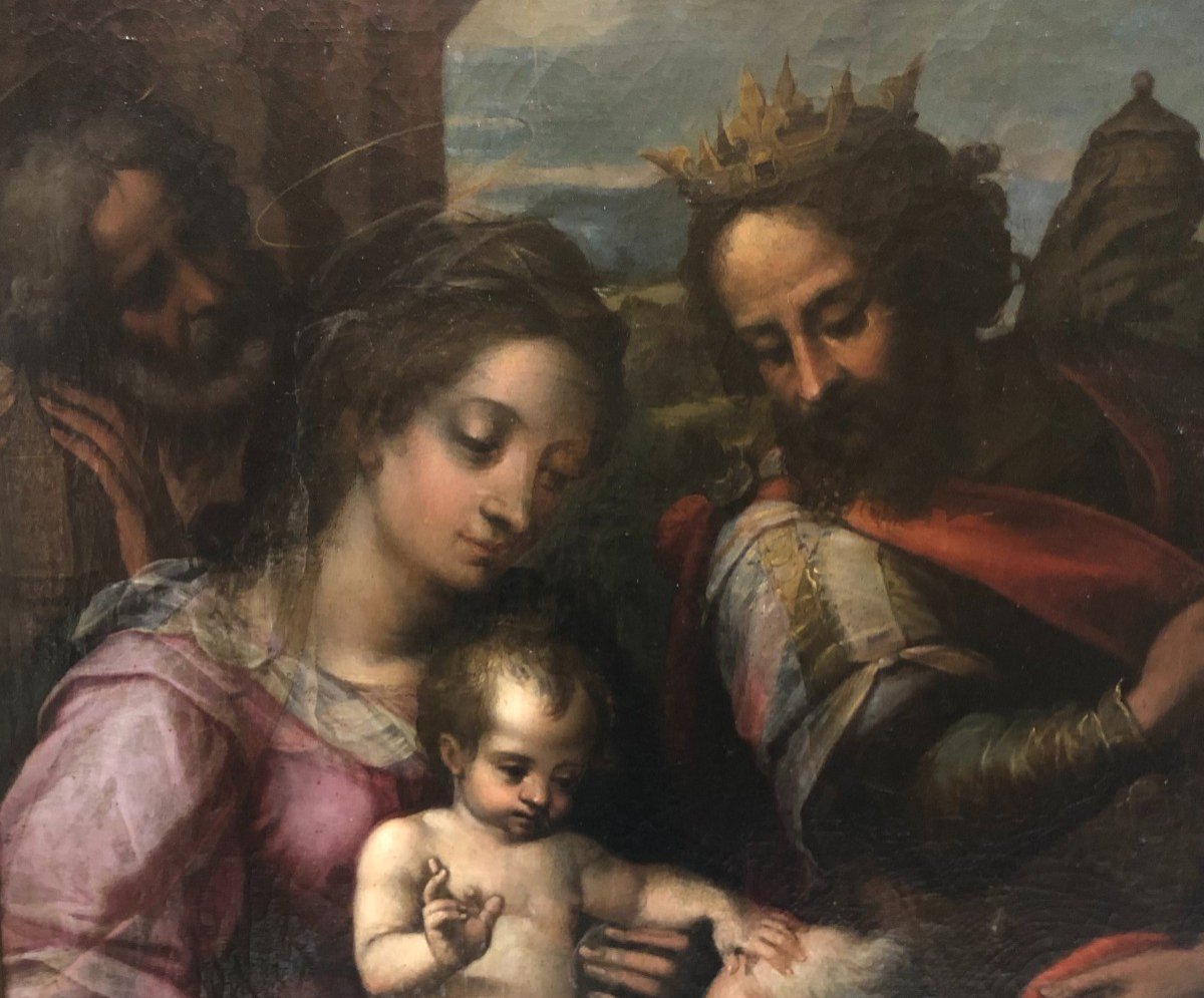 SACRA FAMIGLIA CON ADORAZIONE DEI MAGI - dipinto ad olio su tela attr. ad Alessandro Casolani-photo-3