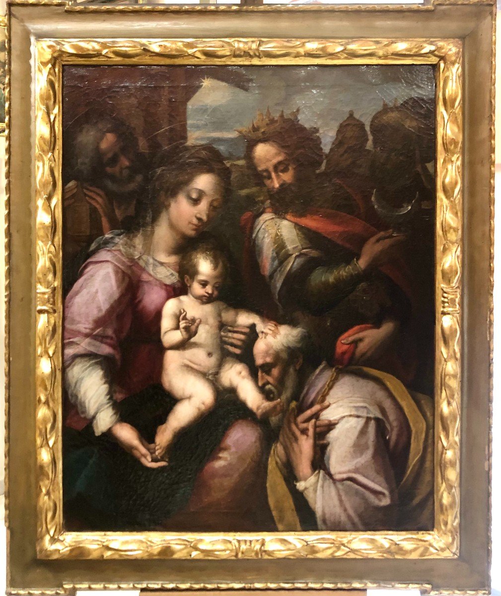 SACRA FAMIGLIA CON ADORAZIONE DEI MAGI - dipinto ad olio su tela attr. ad Alessandro Casolani-photo-5