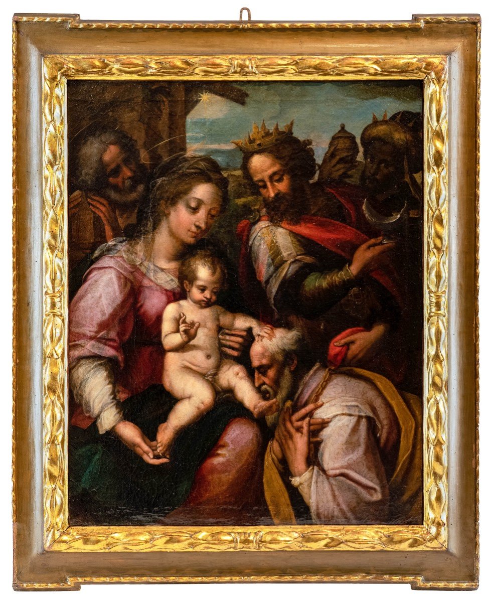 SACRA FAMIGLIA CON ADORAZIONE DEI MAGI - dipinto ad olio su tela attr. ad Alessandro Casolani