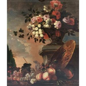 Dipinto su tela "Natura morta con vaso di fiori e frutta" attribuito a Gaspar Lopez