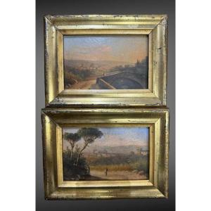 Coppia di piccoli dipinti "Veduta su Firenze" e "Veduta su Pisa" - XIX Secolo
