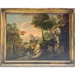 PAESAGGIO CON FIGURE - Scuola romana del XIX secolo.