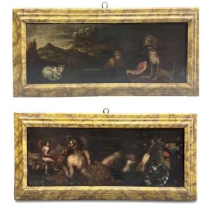 Pendant Of Ancient Oil Paintings On Canvas “allegorical/mythological Scenes”