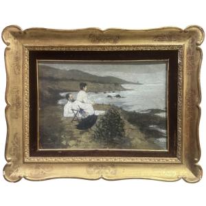 Francesco Gioli – Il pittore Gioli e la moglie sulla spiaggia di Castiglioncello – Olio su cart