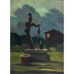 Renato Natali – Paesaggio Notturno con Pozzo e Casolare, Olio su Tavoletta