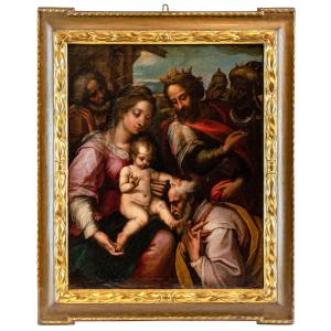 SACRA FAMIGLIA CON ADORAZIONE DEI MAGI - dipinto ad olio su tela attr. ad Alessandro Casolani