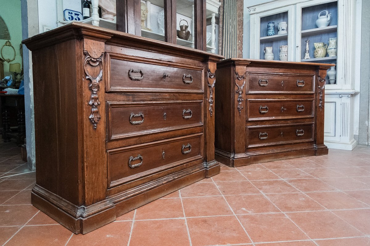 Coppia di cassettoni in noce intagliati, antiquariato umbro XVII sec.-photo-5