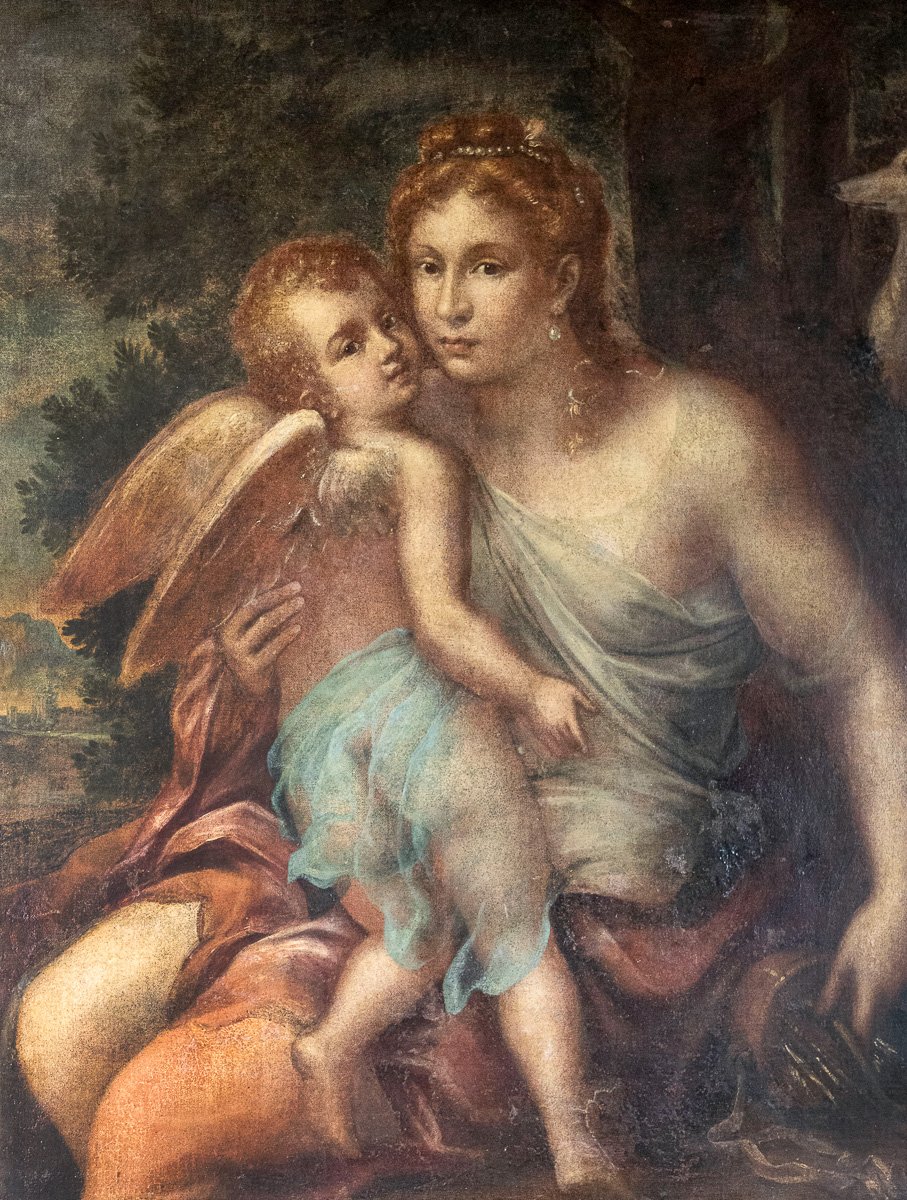 Dipinto olio su tela Diana ed Eros, scena mitologica, primi '800-photo-2