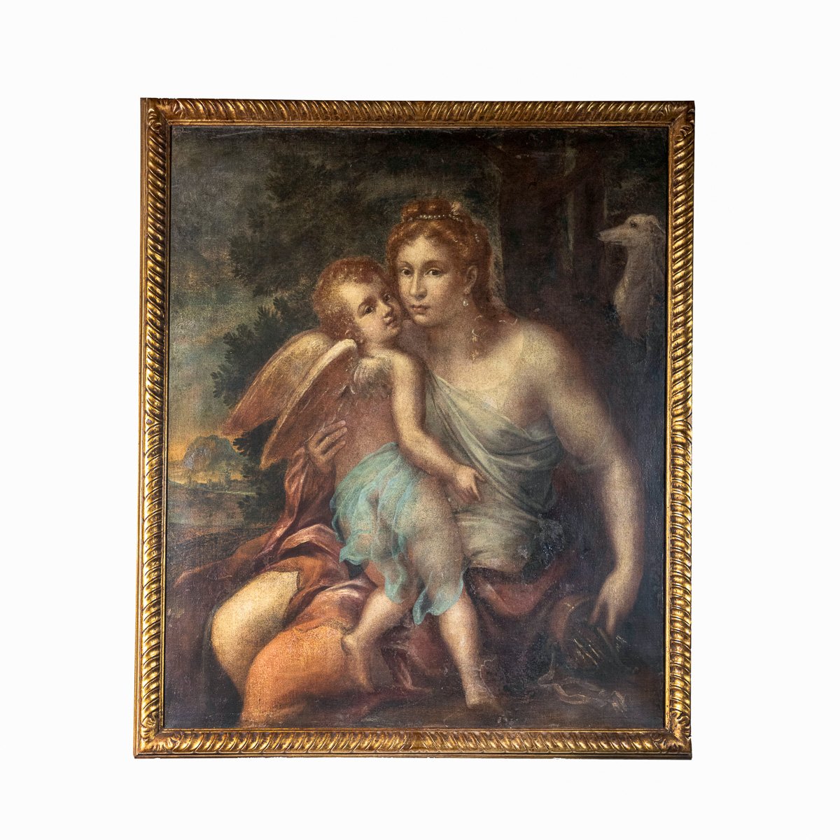 Dipinto olio su tela Diana ed Eros, scena mitologica, primi '800