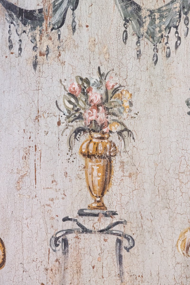 Credenza toscana a doppio corpo dipinta con motivi floreali, XVII secolo-photo-3