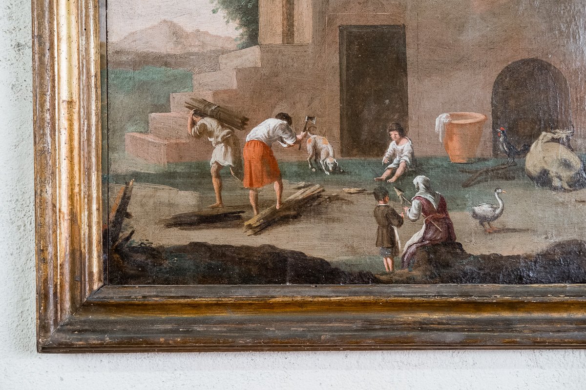 Dipinto antico olio su tela con scena agreste, Veneto XVIII secolo-photo-2