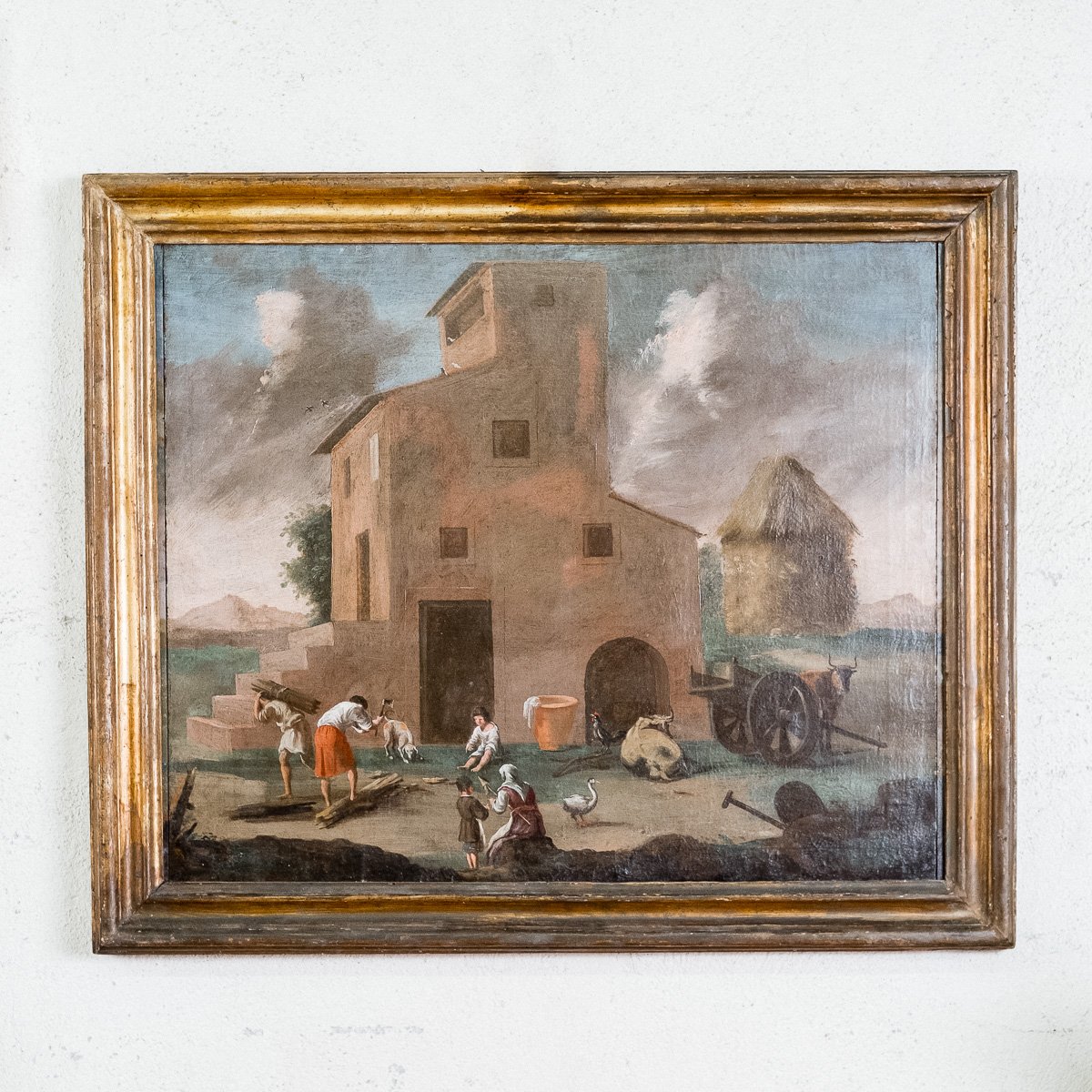 Dipinto antico olio su tela con scena agreste, Veneto XVIII secolo