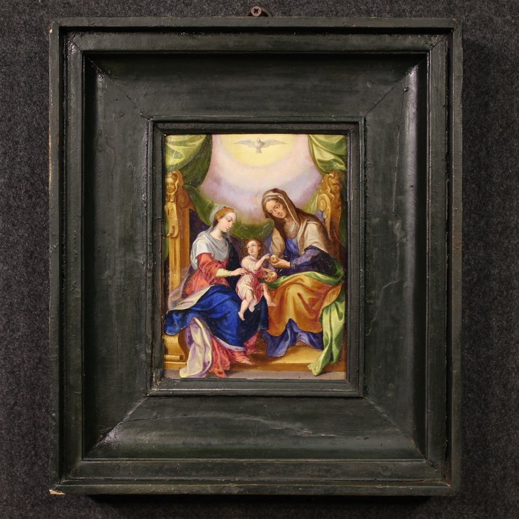 Rame antico dipinto olio quadro Sant'Anna Madonna Bambino arte XVIII secolo-photo-3