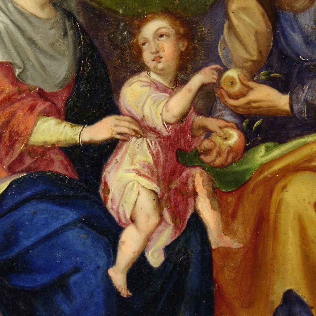 Rame antico dipinto olio quadro Sant'Anna Madonna Bambino arte XVIII secolo-photo-4