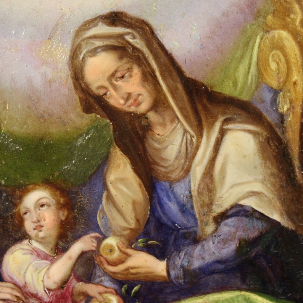 Rame antico dipinto olio quadro Sant'Anna Madonna Bambino arte XVIII secolo-photo-1