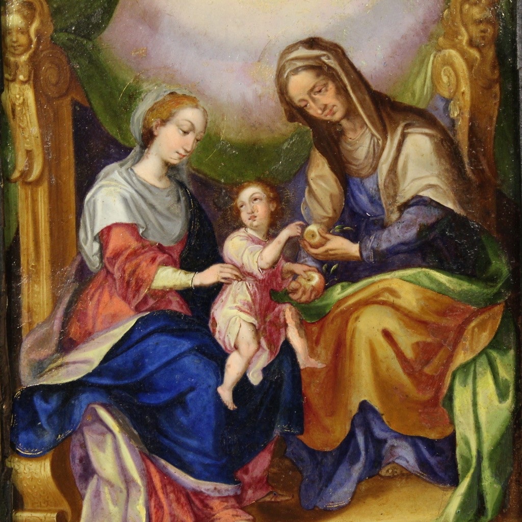 Rame antico dipinto olio quadro Sant'Anna Madonna Bambino arte XVIII secolo-photo-2