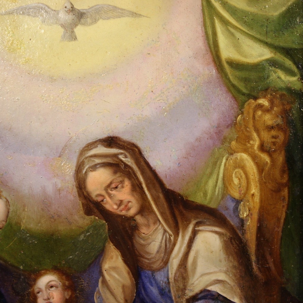 Rame antico dipinto olio quadro Sant'Anna Madonna Bambino arte XVIII secolo-photo-3