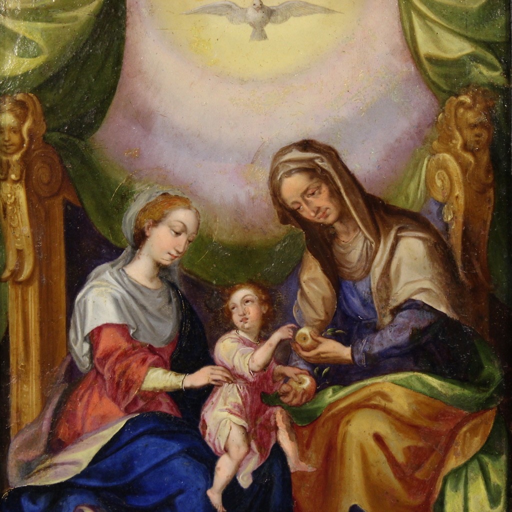 Rame antico dipinto olio quadro Sant'Anna Madonna Bambino arte XVIII secolo