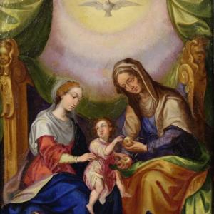 Rame antico dipinto olio quadro Sant'Anna Madonna Bambino arte XVIII secolo