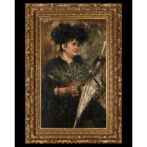Antonio Mancini (1852–1930) "Donna con ventaglio e ombrello"